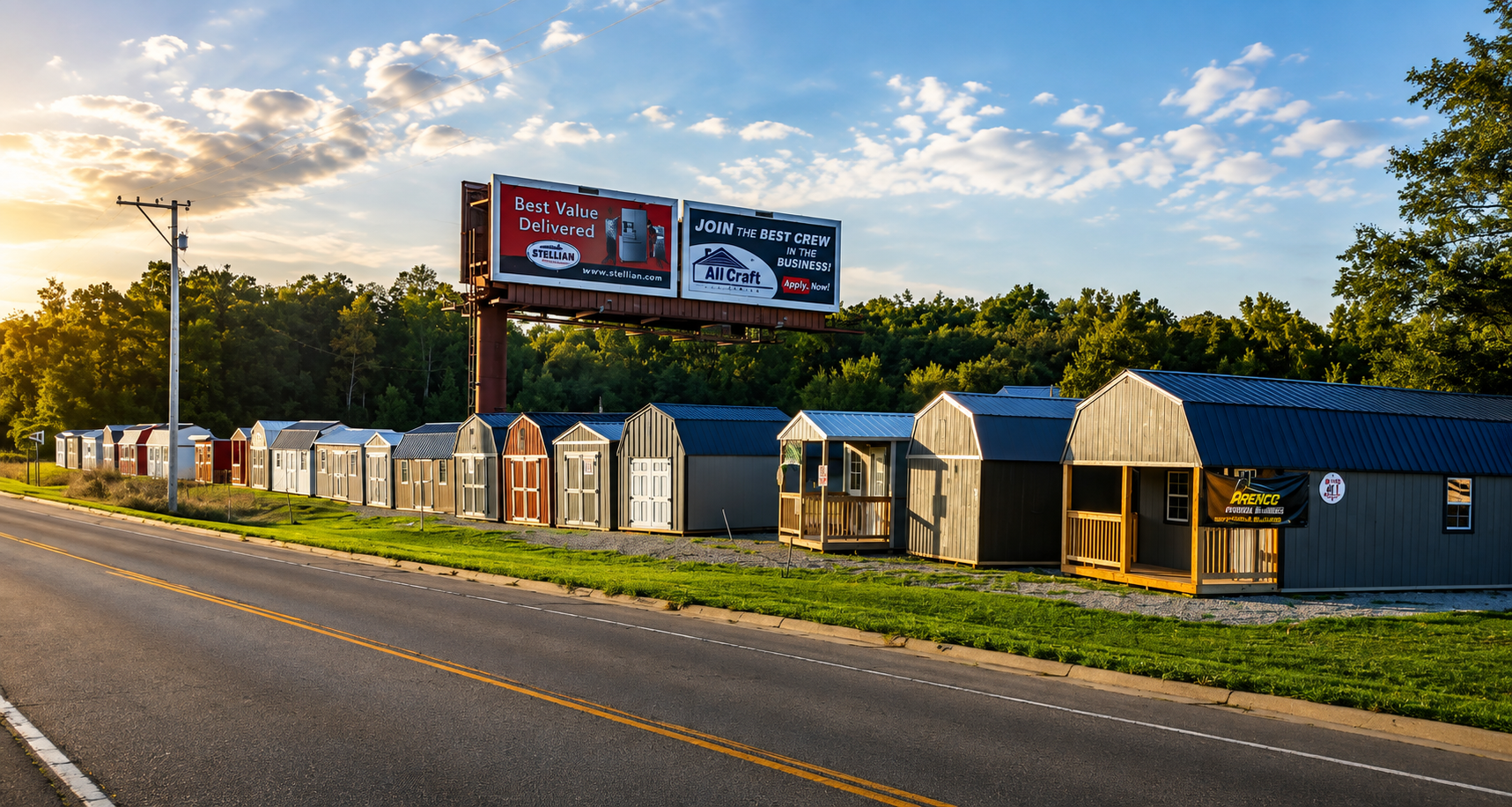 Oronoco Buildings LLC sales lot on Highway 52 with Premier portable sheds, lofted barns, cabins and steel carports