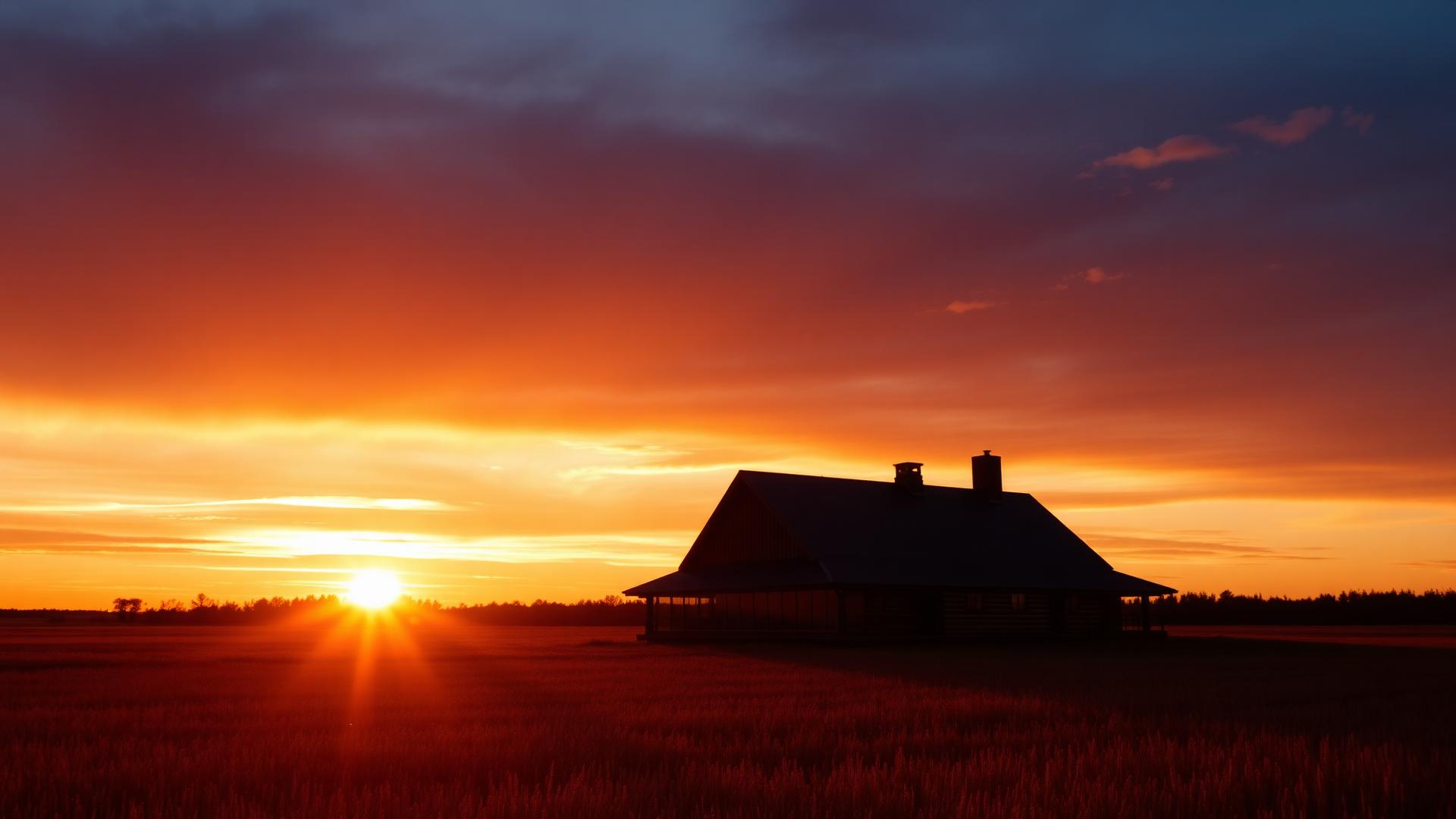 Sunset over a luxury custom building in rural Minnesota